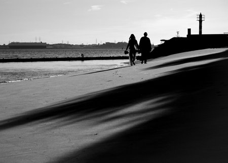 Silhouette of a couple walking on the beach in black and whiteの写真素材