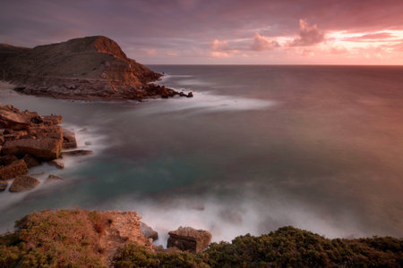 Beautiful sunset over the sea in Ibiza, Balearic Islandsの写真素材
