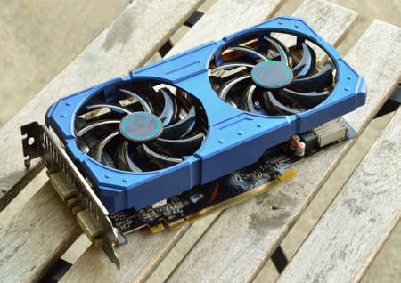 side view of graphics card, graphics card with blue colorの写真素材