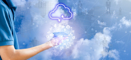 Concept of business men using cloud computing online, convenient, economical, energy-saving and low-cost.の写真素材