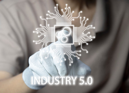 The concept of Industrial Revolution No. 5 is to improve the production process to be more efficient. By working together between humans (Human), intelligent systems (AI) and robots (Robot).の写真素材