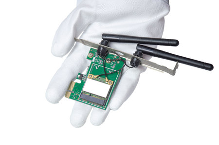 Picture of the device, the wireless receiver in hand. Mounted image type in on a white background (with clipping path)の写真素材