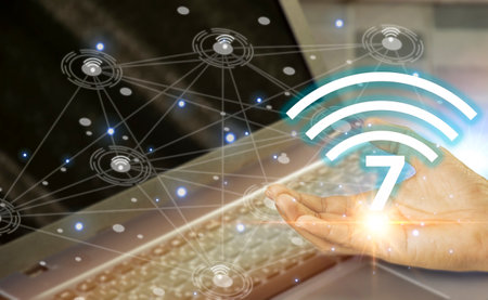 concept man using wifi technology 7 connected to the internet world with new technologyの写真素材