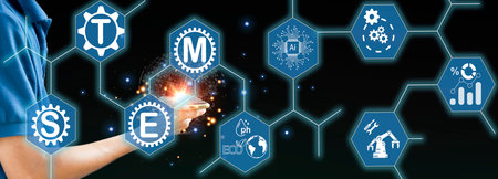 STEM Smart Industrial Technological Innovation concept. Science Technology Engineering Math Industry 5.0. Engineer using virtual touchscreen touched stem icon.の写真素材