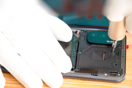 Image of a technician screwing the back of a mobile phoneの写真素材