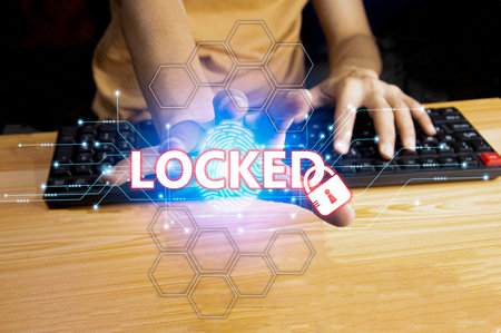 internet network security concept with young man at nightの写真素材