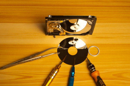 top view showing hard drive repair partsの写真素材