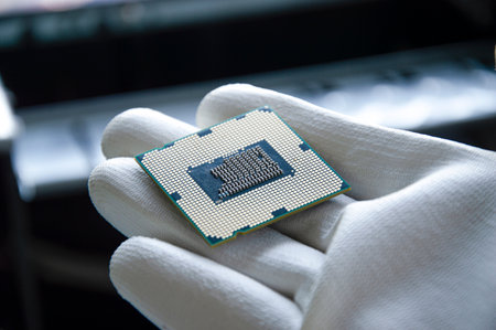 An image of a technician holding a CPU in his hand.の写真素材