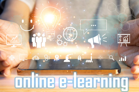 Concept of e-Learning, a learning management system through a network (Learning Management System) with an emphasis on learners as the center. in teaching and learning Blended style with regular classの写真素材