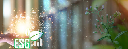 ESG icon concept in the hand for environmental, social, and governance in sustainable and ethical...