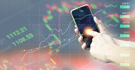 Planning, analyzing indicators and buying and selling strategies, stock market, business growth, progress or success.の写真素材
