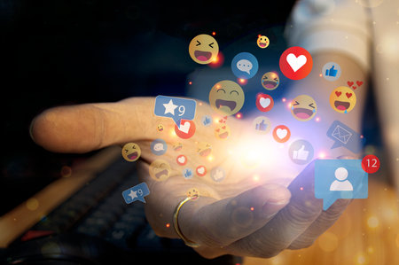 Social media and digital The idea of living on vacation and playing social media. online marketing Connecting technology networks in global businessの写真素材