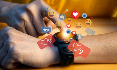 Use of social media and digital smartwatches The concept of living on vacation and playing social media. online marketing Connecting technology networks in global businessの写真素材