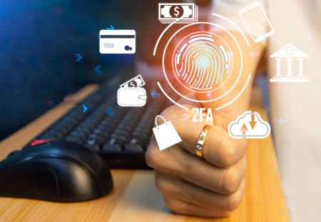 The digital processing of the future of biometric identity fingerprint scanners for personal financial access.の写真素材