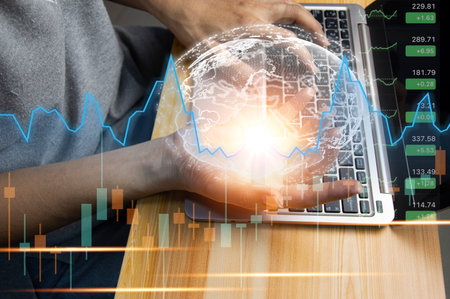 Planning, analyzing indicators and buying and selling strategies, stock market, business growth, progress or success.の写真素材