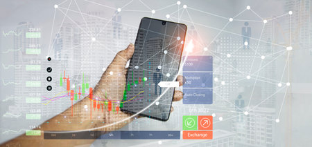 Planning, analyzing indicators and buying and selling strategies, stock market, business growth, progress or success.の写真素材