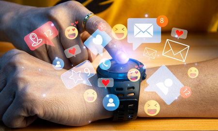 Use of social media and digital smartwatches The concept of living on vacation and playing social media. online marketing Connecting technology networks in global businessの写真素材