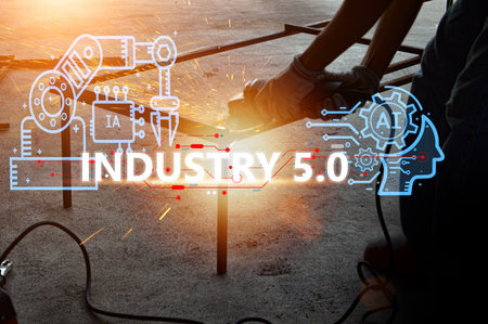 The concept of Industrial Revolution No. 5 is to improve the production process to be more efficient. By working together between humans, intelligent systems and robots.の写真素材
