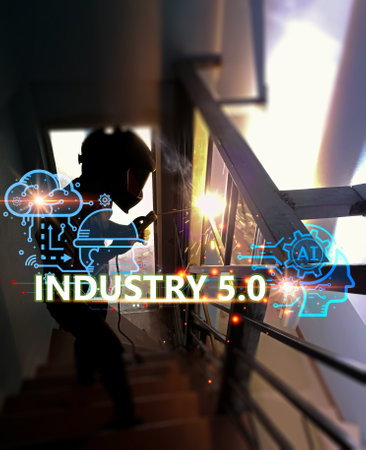 The concept of Industrial Revolution No. 5 is to improve the production process to be more efficient. By working together between humans, intelligent systems and robots.の写真素材