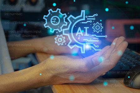 technology ai artificial intelligence A person who uses artificial intelligence AI smart robot technology by inputting commands to create something. future technological changesの写真素材