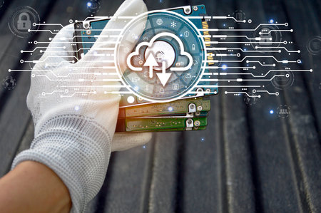 Database storage cloud technology file data transfer sharing, cyber, big data information for financial online marketing, internet banking application or computer download upload backup cloud driveの写真素材