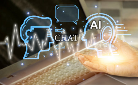 Hand touch Digital chatbot to access data and information in online network. Robot Applications and Global Connectivity AI Artificial Intelligence innovation and technologyの写真素材