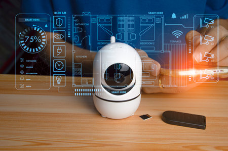 smart home concept and wireless control technology and security, ip cameraの写真素材