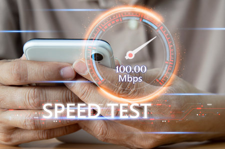 fast internet connection speedtest network bandwidth technology Man using high speed internet with...