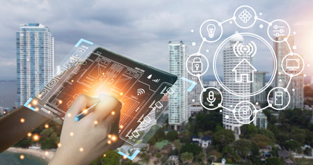 smart home concept and wireless control technology and security, ip cameraの写真素材