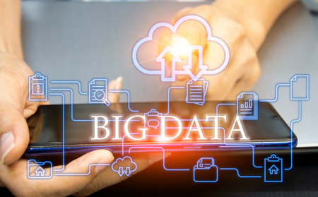Man using smartphone with cloud computing diagram displayed in cloud technology container in hand The concept of big data internet networks and services.の写真素材