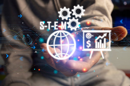 STEM Smart Industrial Technological Innovation concept. Science Technology Engineering Math Industry 5.0. Engineer using virtual touchscreen touched stem icon.の写真素材