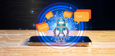 Chatbot, conversational assistant, artificial intelligence AI, artificial intelligence technology concept. Casual person. Relaxing conversation with chatbot.の写真素材