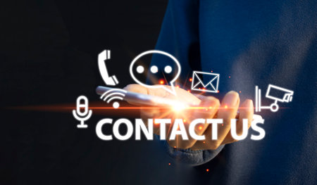 Contact us or our customer support hotline where people connect. and tap the contact icon on the virtual screen, contact us 24 hours.の写真素材
