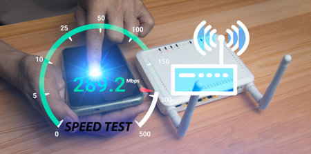 fast internet connection speedtest network bandwidth technology Man using high speed internet with...