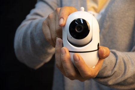 Woman holding white IP camera. Very popular for security purposes.の写真素材