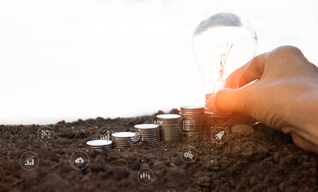 Ideas, business recovery, innovation, brainstorming, inspiration and problem solving ideas. light bulb on the groundの写真素材