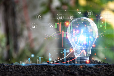 Planning & Strategy Stock Market Business Growth progress or success Businessman or trader hand touches showing virtual hologram stock invest in tradingの写真素材