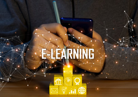 Concept of e-Learning, a learning management system through a network with an emphasis on learners as the center. in teaching and learning Blended style with regular classの写真素材