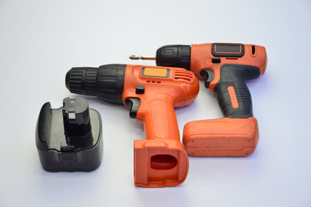 Electric screwdriver on a white backgroundの写真素材