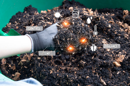 top view of soil in hand to check soil quality to control soil quality before sowing future agriculture concept Smart farming using modern technology in farming.の写真素材