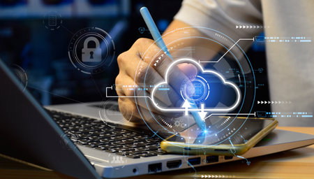 Man using laptop and smartphone with cloud computing diagram cloud technology Data storage Concept...