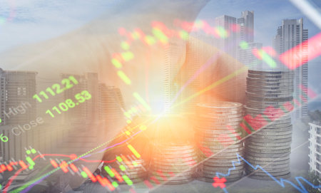 Planning and Strategy Stock Market Business Growth progress or success Businessman or trader hand touches showing virtual hologram stock invest in tradingの写真素材