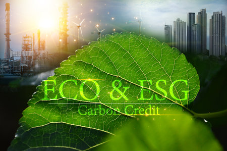 Ideas for reducing CO2 emissions, turning to clean energy for a green world and green industry. Carbon Footprint,ECO,ESGの写真素材
