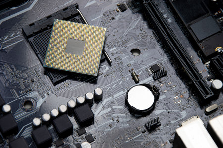 Top view of computer motherboard, motherboard repair