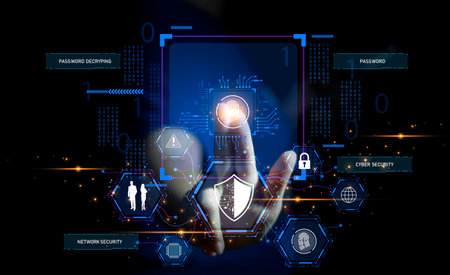 Keypad, cyber shield, lock, technology security system. Digital link. Cyber security with advanced...