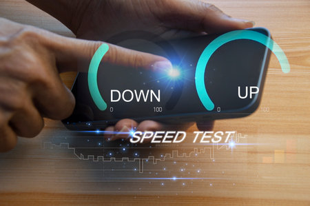 fast internet connection speedtest network bandwidth technology Man using high speed internet with...