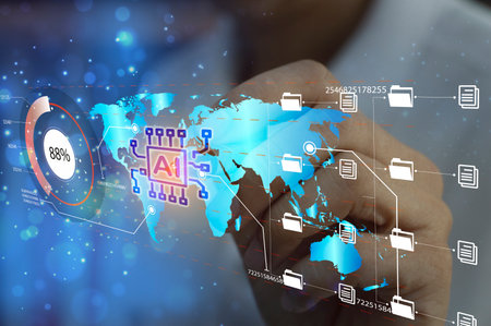Ai tech, businessman show virtual graphic Global Internet connect Chat with AI, Artificial...