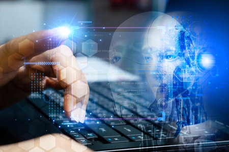 Ai tech, businessman show virtual graphic Global Internet connect Chatbot Chat with AI, Artificial...