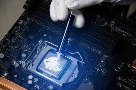 The technician is adding thermal silicone to the CPU chip.の写真素材