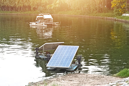 A machine that adds oxygen to water using solar energy. Use clean energyの写真素材